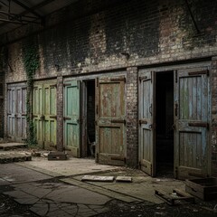 Weathered Wooden Doors of an Abandoned Industrial Building with Peeling Paint, Climbing Ivy, and Grungy Brick Walls in a Dimly Lit Setting