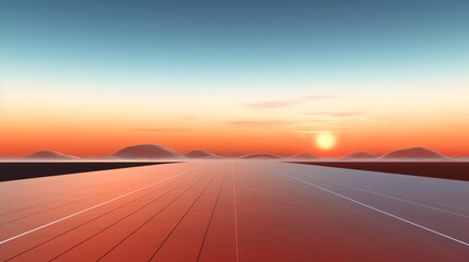 Futuristic Solar Power Plant at Sunset with Large Solar Panels and Distant Mountains