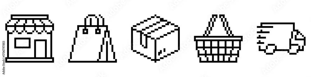 Poster pixel set shopping icon vector. ideal for e-commerce, retail, and mobile app themes. a unique collec