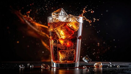 A glass of cola with ice, splashing