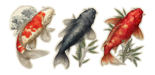 Colorful Illustrations of Koi Fish with Artistic Elements and Transparent Background