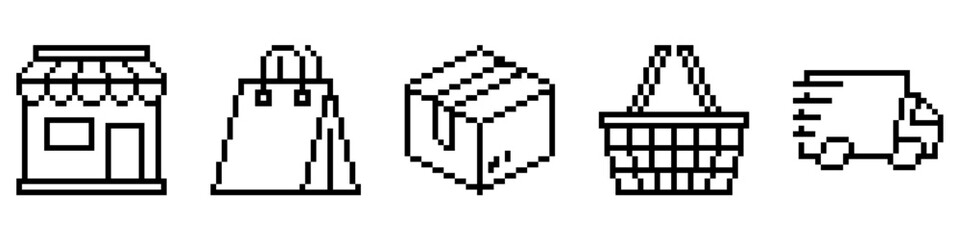 Pixel set shopping icon vector. Ideal for e-commerce, retail, and mobile app themes. A unique collection of modern, pixelated symbols representing various online shopping functions.  © Xharites