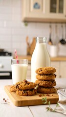 Homemade cookies and milk on a kitchen counter