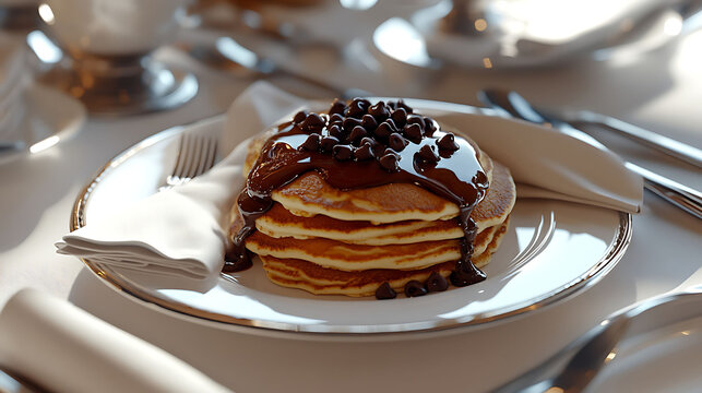 A breakfast table scene with folded napkin, silver cutlery, and a white plate of pancakes layered with chocolate chips and glossy brown sauce - Powered by Adobe
