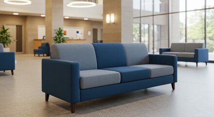 A modern three-section sofa, featuring a calming blue and gray color palette, sits in a spacious, well-lit waiting area.