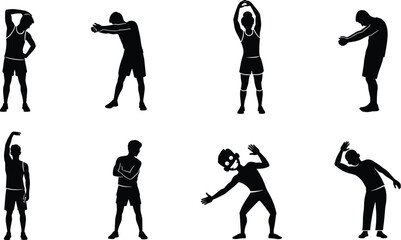 Silhouettes of men and women stretching and exercising, fitness workout poses, athletic stretching vector icons, healthy lifestyle silhouettes