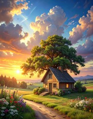 A quaint wooden house nestled beneath a large tree, bathed in the warm hues of a sunset. A winding path leads to the home