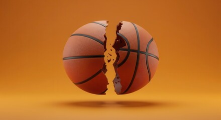 Obraz premium A split basketball sphere, against a plain backdrop, exhibits a dynamic and fractured design.