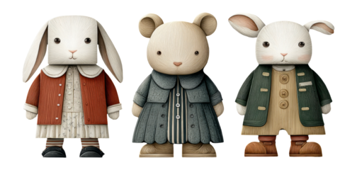 Three Adorable Wooden Toy Characters in Vintage Clothing with Isolated Background