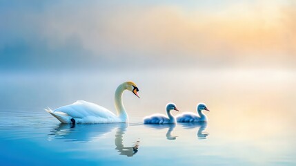 Fototapeta premium Beautiful swan family floating on calm water misty mo
