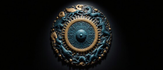 elaborate zodiac wheel featuring intricate mythical beasts and astrological symbols | spirituality, heritage, art, design, symbolism theme