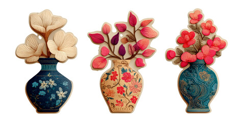 Elegant Floral Vases with Colorful Blooms on Transparent Background