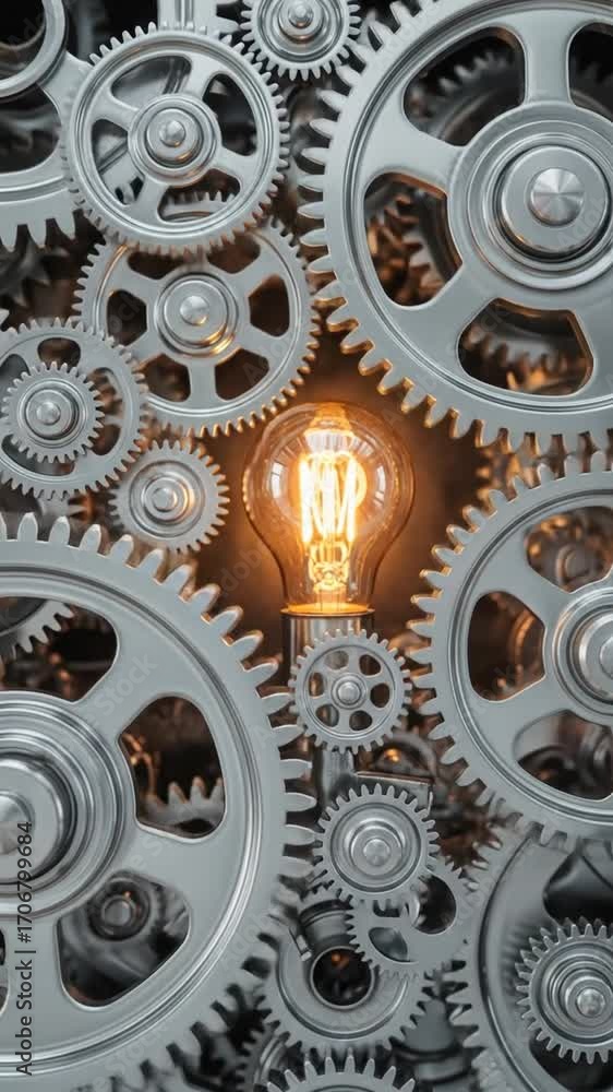 Poster intricate interlocking silver gears surrounding a glowing amber light bulb mechanism technology engi