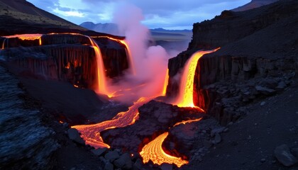 Fototapeta premium Basalt Canyon With Fresh Lava Falls Glowing Channels
