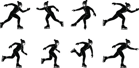 Winter ice skating vector set, female skater in motion, cold season sport activity, speed skating illustration, athlete silhouette design