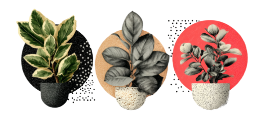 Artistic Plant Collection with Abstract Shapes and Textured Backgrounds