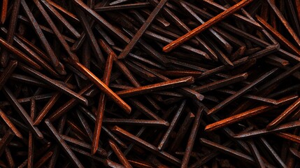 Close-up of rusty metal nails scattered on a surface