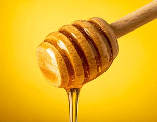 Honey dripping from wooden dipper against yellow background