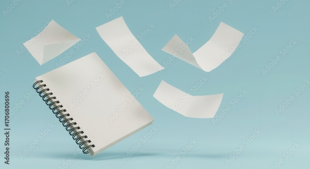 Poster a blank spiral-bound notebook and several sheets of paper float effortlessly in a minimalist, light 