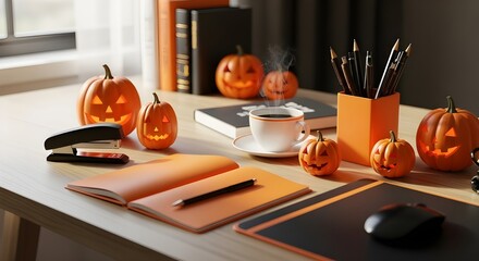 Modern Desk Halloween Decor with Coffee