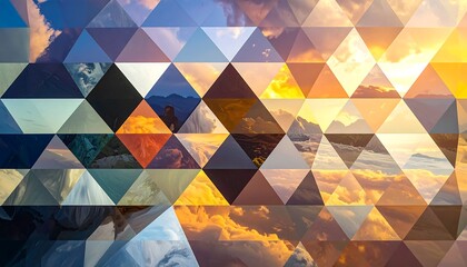 A mosaic of triangular shapes depicting landscape scenes, blending sky, clouds, and mountains