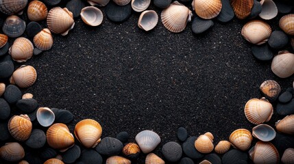 Decorative seashells framing a sandy background