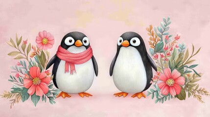 Naklejka premium Fantasy acrylic gouache watercolor penguins in layere