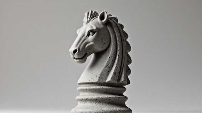 intricate sculpted grey horse chess piece, artistic detail and elegant design | strategy, game, art, design, classic theme