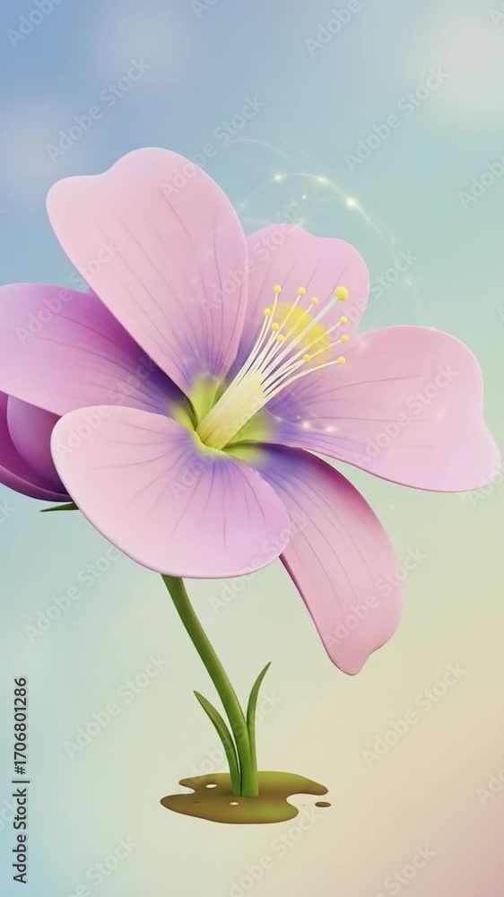 Poster pink flower bud with stem against soft gradient background in dreamy style with bokeh with gentle li