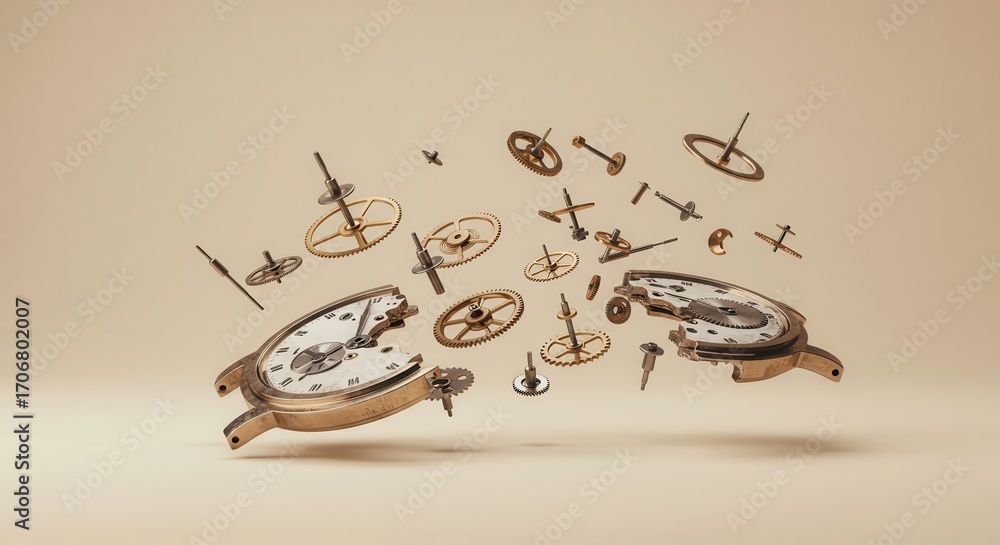 Poster disassembled timepiece components hover in the air, showcasing intricate mechanism against a neutral