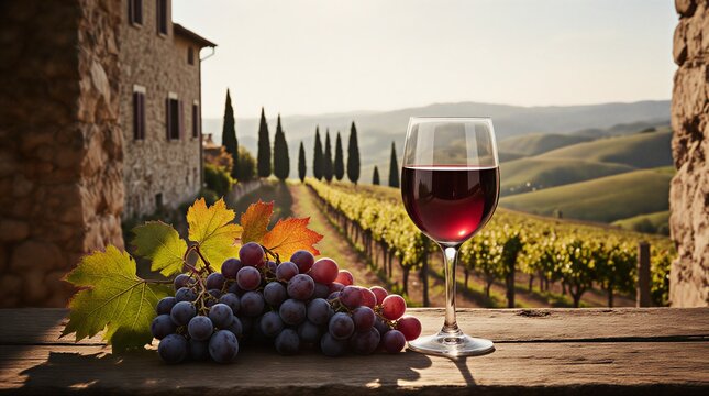 red wine glass with vine and scenic italian countryside landscape view | travel, food, wine, italy, harvest theme