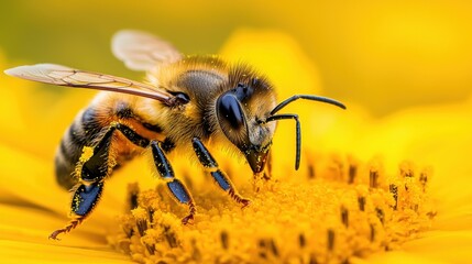 Close-up of a bee pollinating a vibrant yellow flower