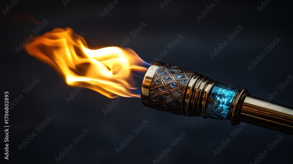 Poster olympic torch with dynamic glowing flame sleek handle