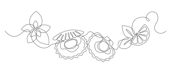 Scallops in shell with slice of lemon and mint leaves, drawn with continuous line in minimalism, abstract, seafood, delicacy, one line, editable vector contour
