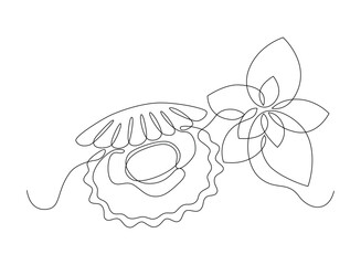 Scallop in a shell with mint leaves, drawn with continuous line in minimalism, abstract, seafood, one line, editable vector contour