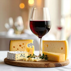 A glass of red wine and assorted cheeses on a wooden board