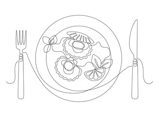Dish with scallops in shell with slice of lemon and mint leaves, drawn with continuous line in minimalism, abstract, seafood, delicacy, plate, fork, knife, one line, editable vector contour
