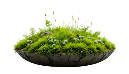 Miniature vibrant garden oasis with lush green grass and delicate white flowers for peacefulness