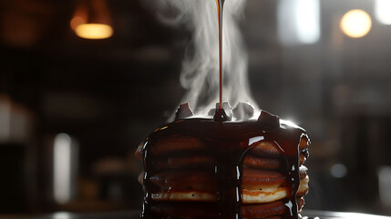 Side profile of a tall pancake tower, rich dark chocolate syrup slowly dripping down, with visible steam rising in warm natural light