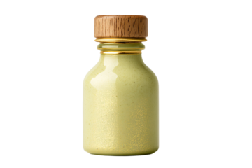 a bottle of green liquid with a wooden lid