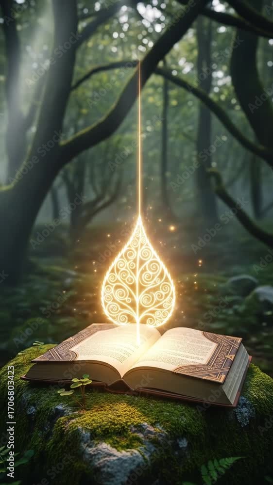 Poster Open Book On Mossy Stone With Glowing Leaf Symbol In Forest Background With Soft Lighting And Ethereal Atmosphere