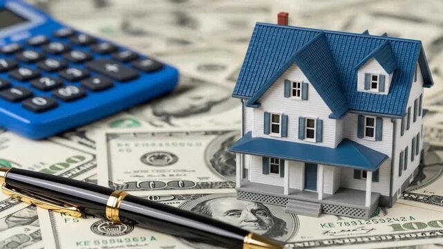 A miniature house set on a desk with a mortgage calculator and pen, capturing the essence of real estate financing and property investment.