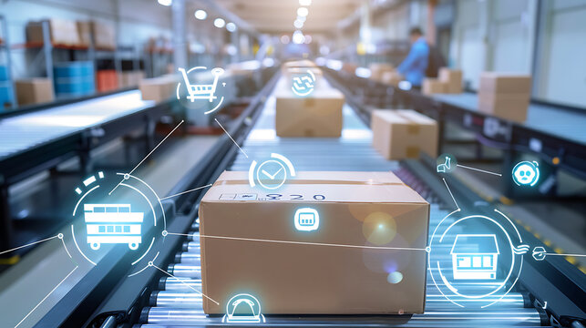 Automated warehouse with conveyor belt transporting packages and digital icons representing logistics and supply chain processes