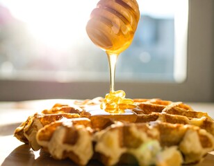 Honey pouring onto waffles
