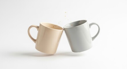 Two stylish coffee mugs clinking together with coffee drops