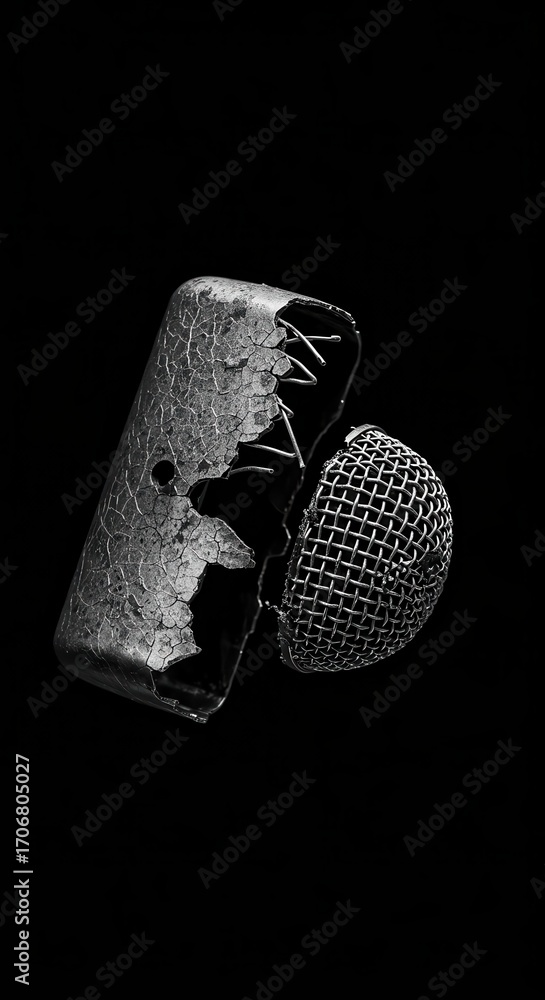Poster a grayscale close-up of a fragmented microphone, showcasing intricate textures and details of its br