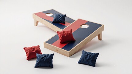 cornhole game board leaning against a wall with blue and red bean bags | game, sport, outdoor, recreation, competition theme