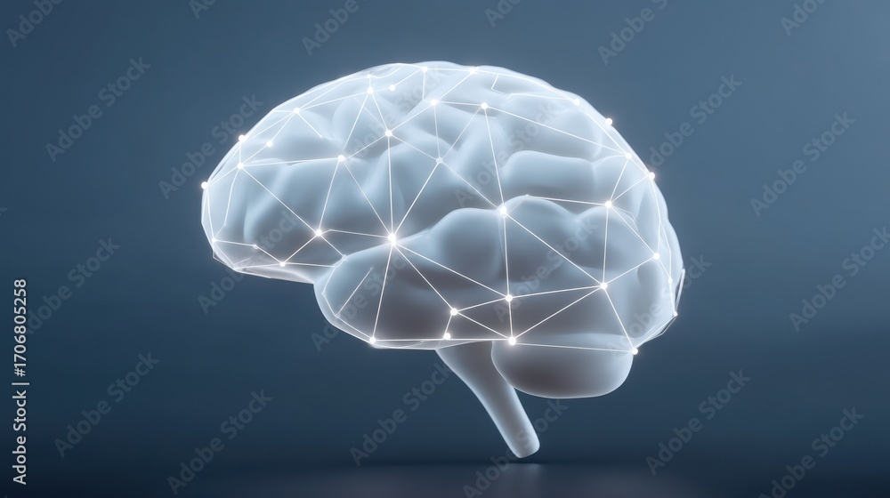 Aufkleber artificial intelligence 3d rendering of a brain with geometric patterns on a blue background.
