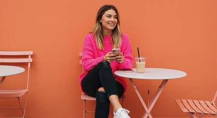 Happy woman in casual fashion using a smartphone at a cafe. Modern urban lifestyle with a colorful background and copy space.