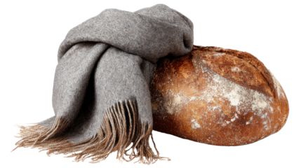 Rustic bread loaf with grey scarf on white background 